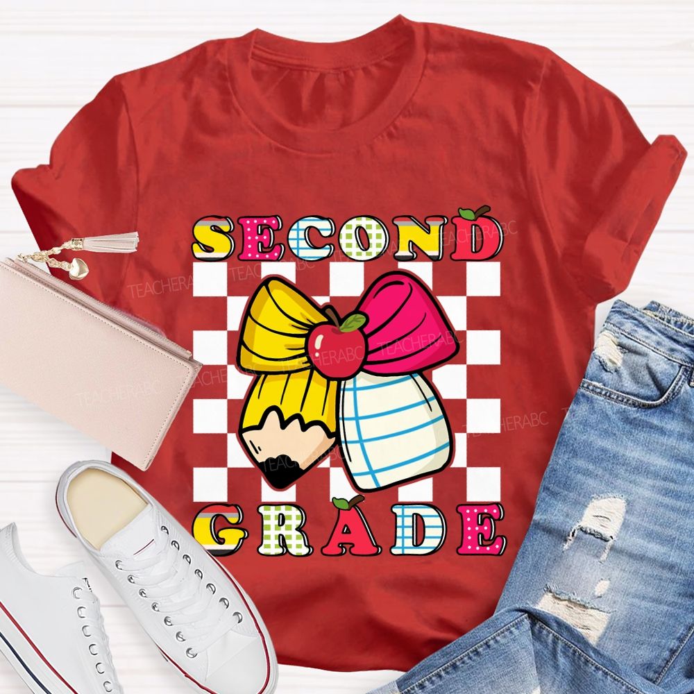 Personalized Grade Bow And Pencil Square Print Teacher T-shirt
