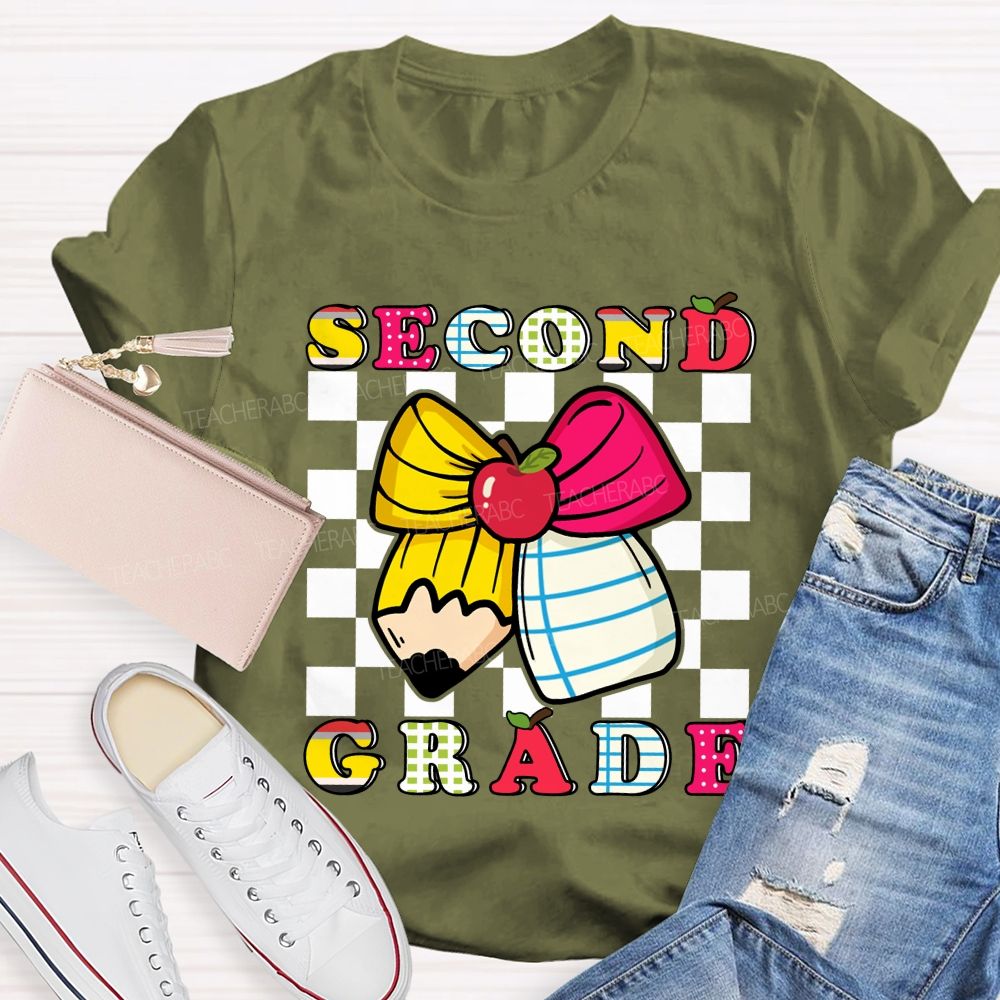 Personalized Grade Bow And Pencil Square Print Teacher T-shirt
