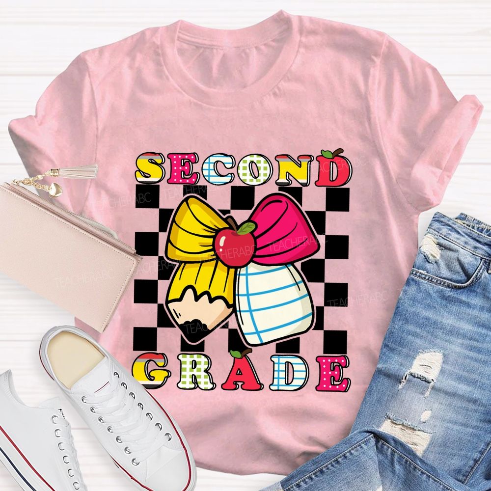 Personalized Grade Bow And Pencil Square Print Teacher T-shirt
