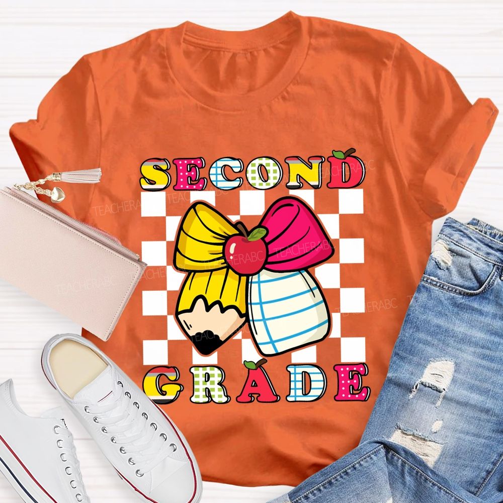 Personalized Grade Bow And Pencil Square Print Teacher T-shirt