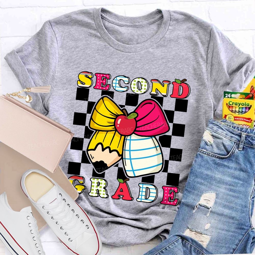 Personalized Grade Bow And Pencil Square Print Teacher T-shirt
