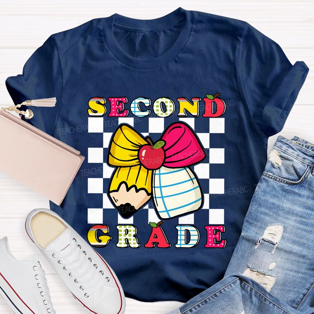 Personalized Grade Bow And Pencil Square Print Teacher T-shirt