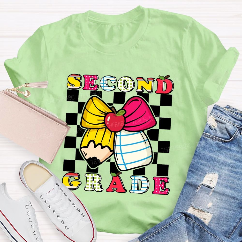 Personalized Grade Bow And Pencil Square Print Teacher T-shirt