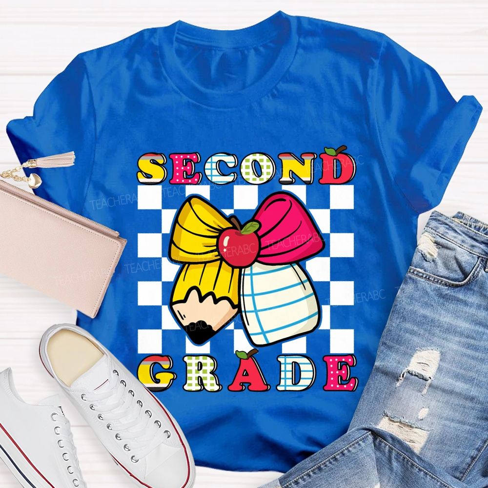 Personalized Grade Bow And Pencil Square Print Teacher T-shirt