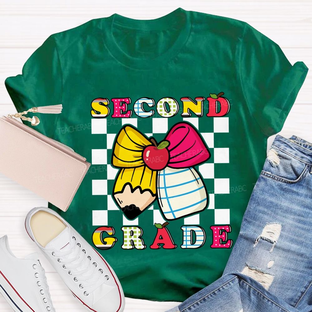 Personalized Grade Bow And Pencil Square Print Teacher T-shirt