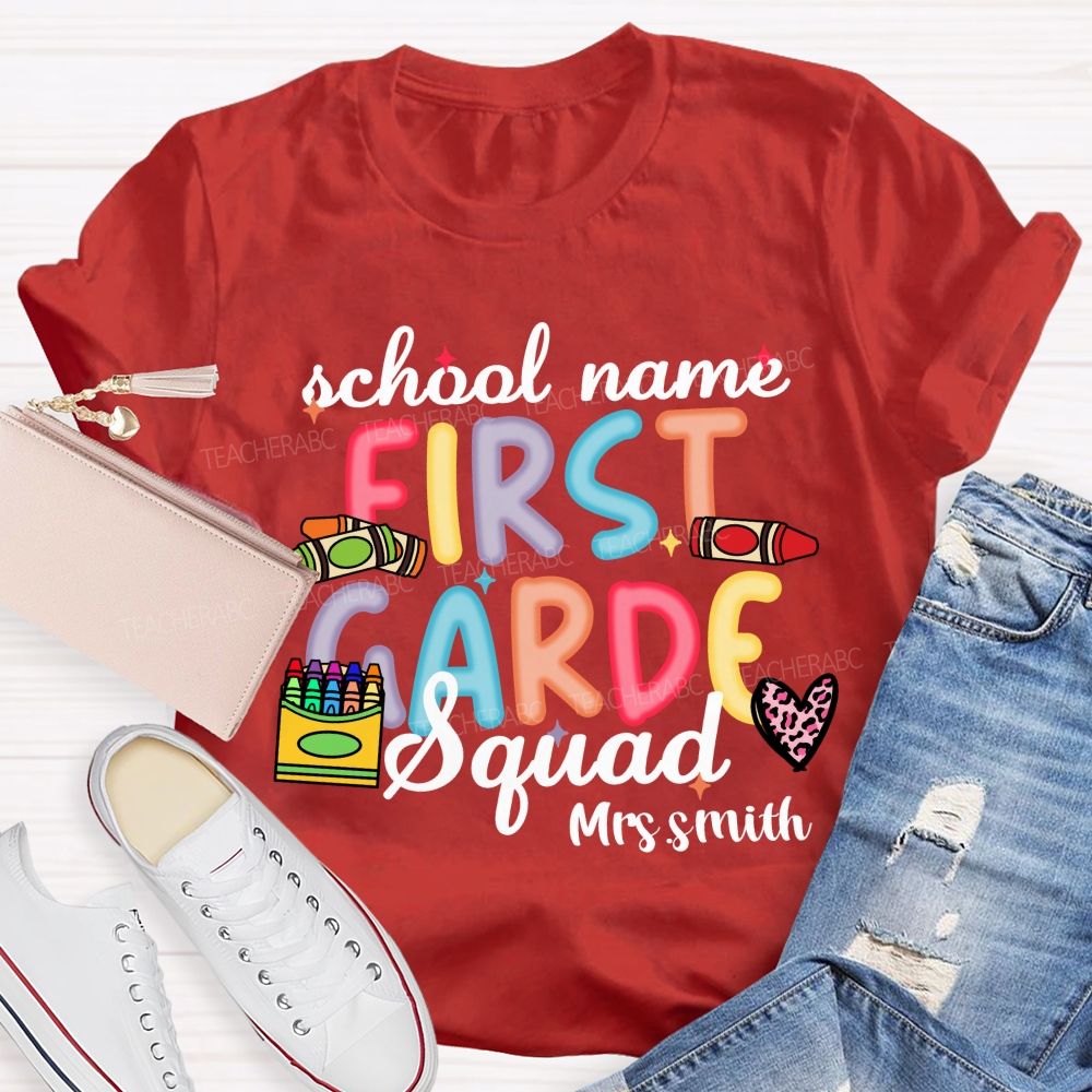 Personalized School Name And Teacher Name Grade Crayon Pink Leopard Teacher T-Shirt