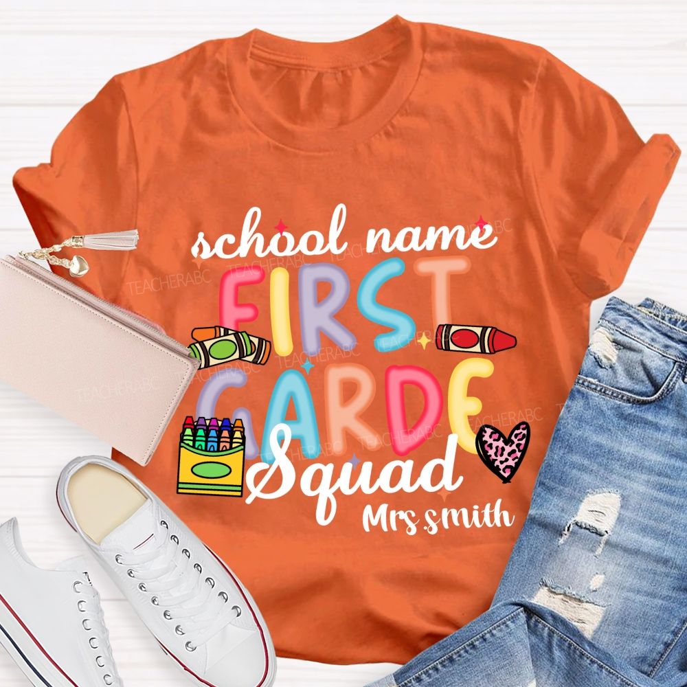 Personalized School Name And Teacher Name Grade Crayon Pink Leopard Teacher T-Shirt