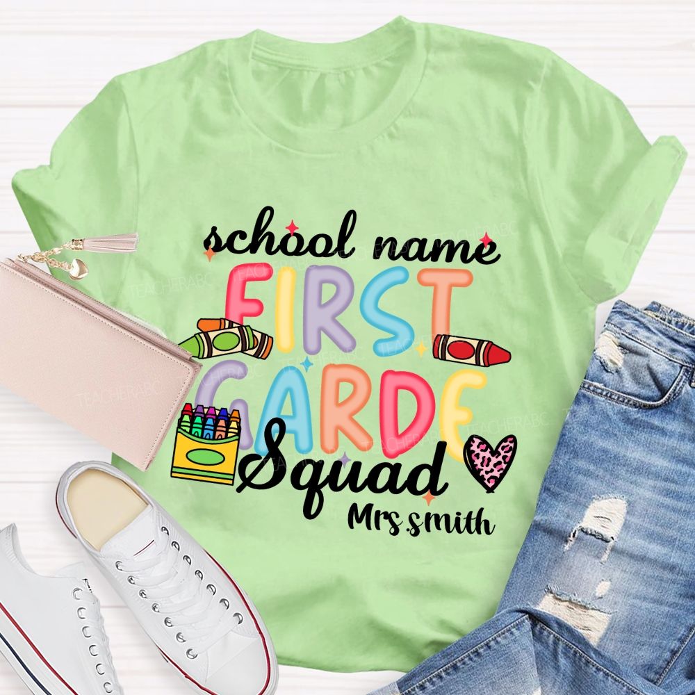 Personalized School Name And Teacher Name Grade Crayon Pink Leopard Teacher T-Shirt