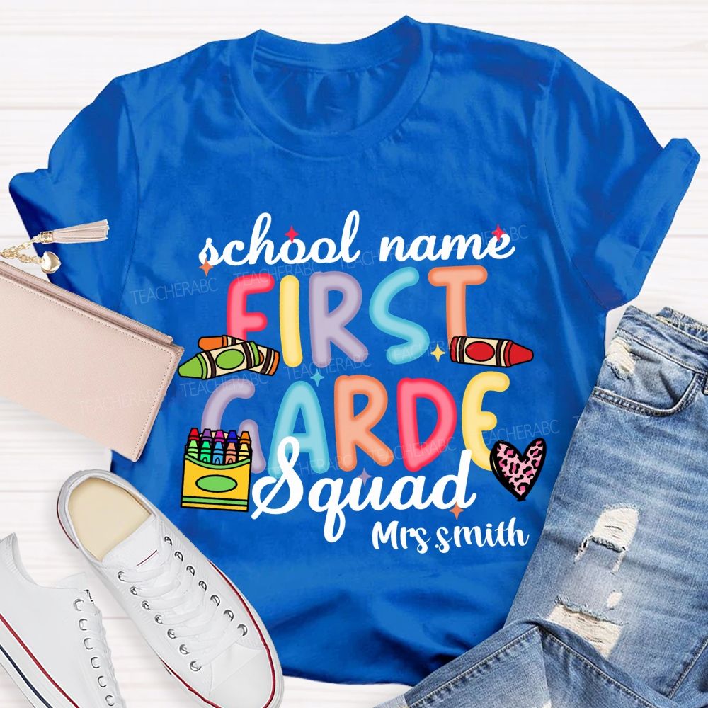 Personalized School Name And Teacher Name Grade Crayon Pink Leopard Teacher T-Shirt