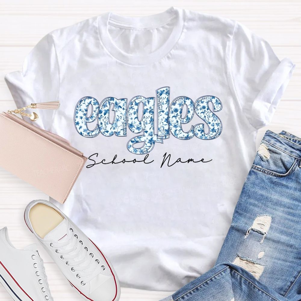 Personalized Mascot And School Name Blue Floral Teacher T-Shirt