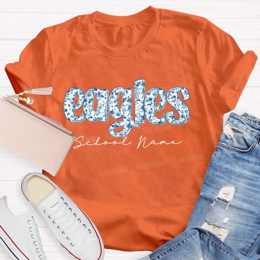 Personalized Mascot And School Name Blue Floral Teacher T-Shirt