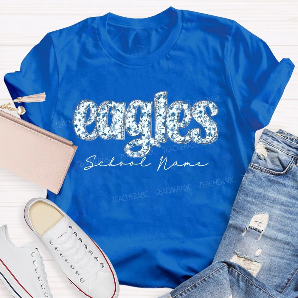 Personalized Mascot And School Name Blue Floral Teacher T-Shirt