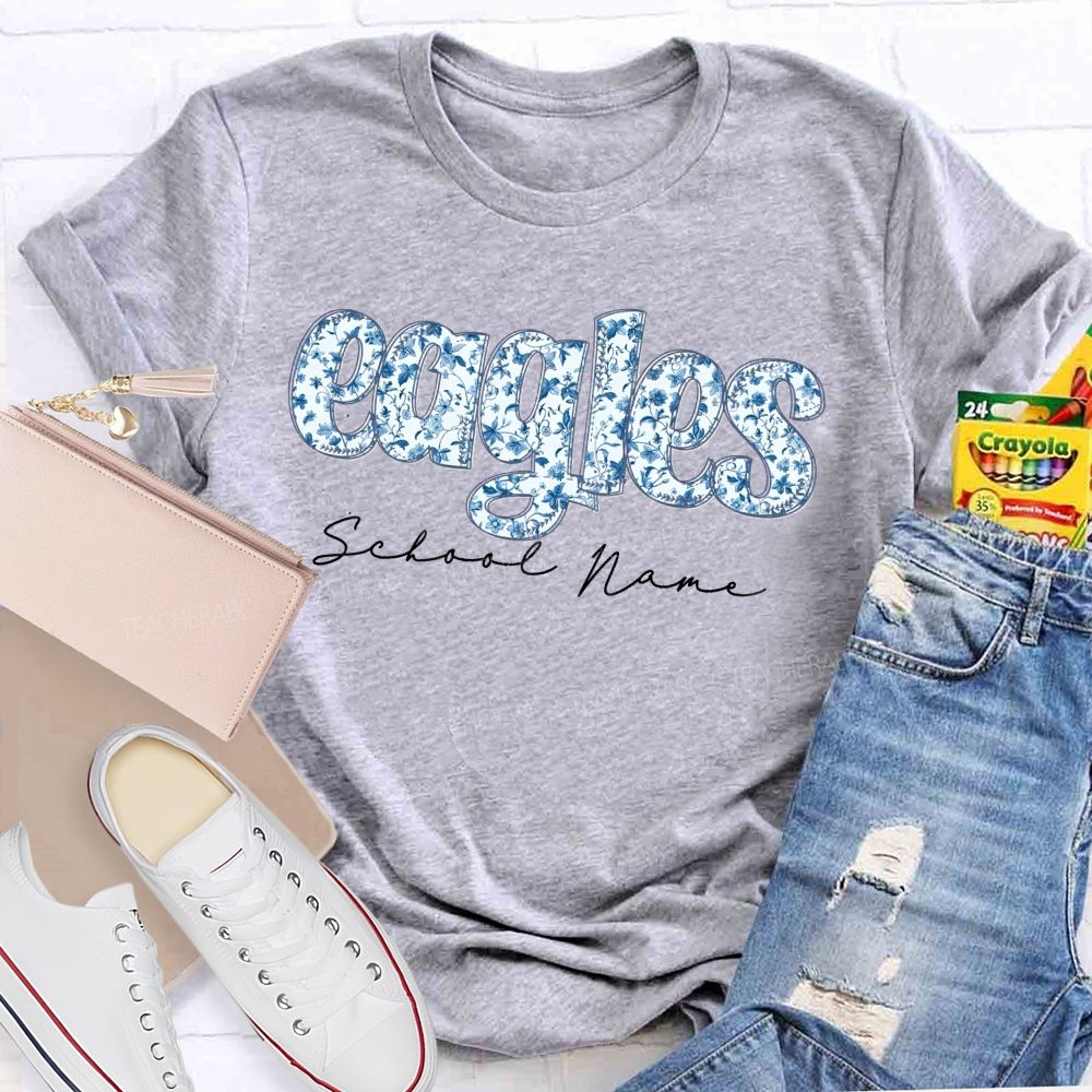 Personalized Mascot And School Name Blue Floral Teacher T-Shirt