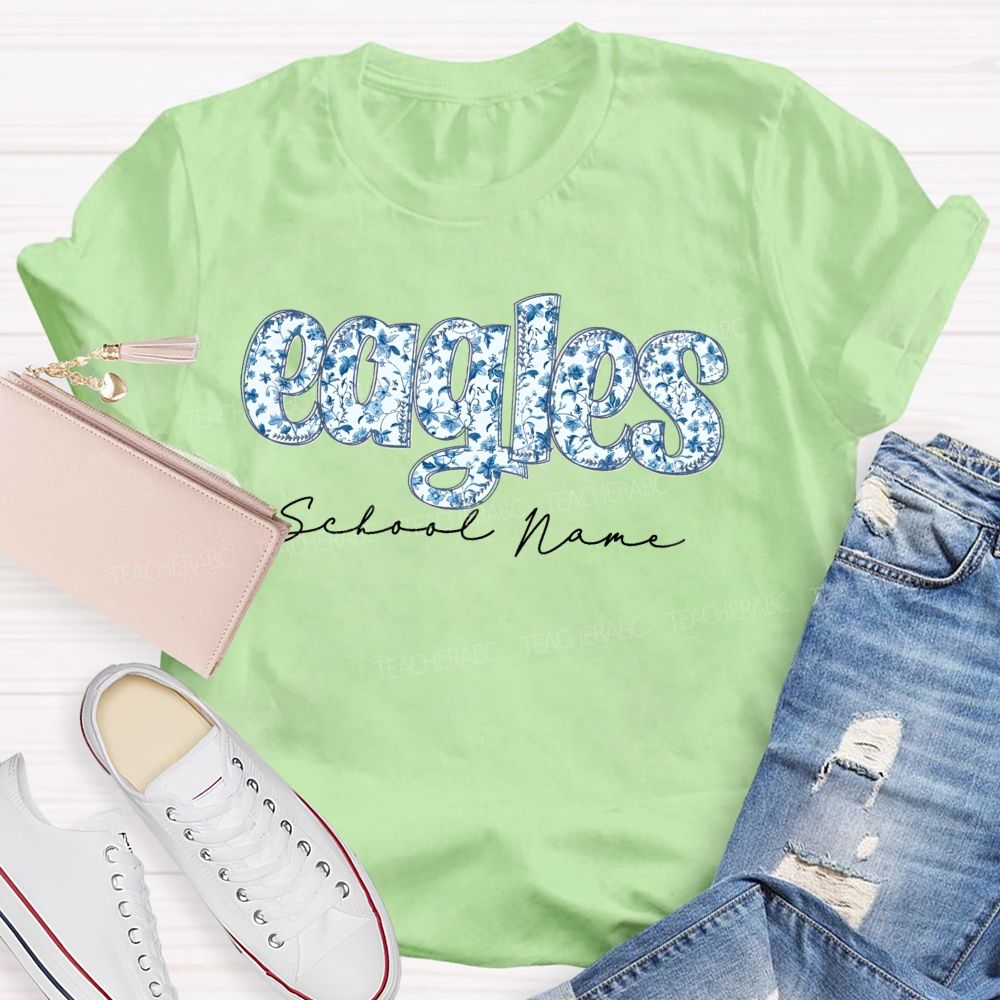 Personalized Mascot And School Name Blue Floral Teacher T-Shirt