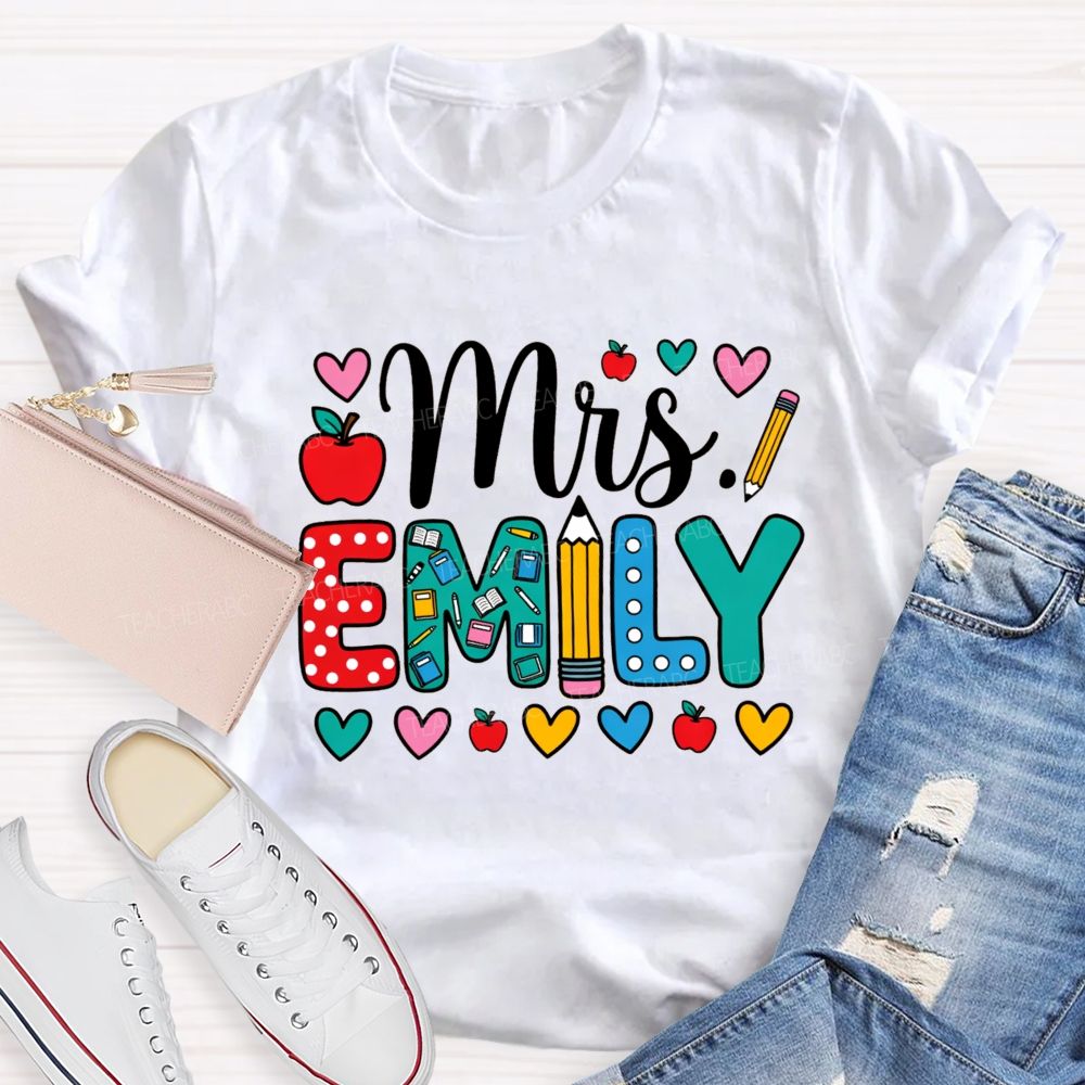 Personalized Name Miss Emily Apple Heart Printed Back To School Teacher T-Shirt