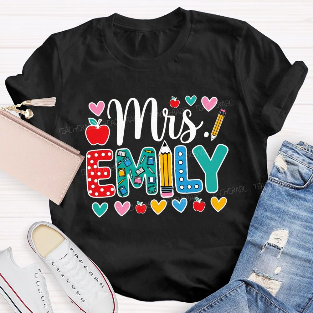 Personalized Name Miss Emily Apple Heart Printed Back To School Teacher T-Shirt