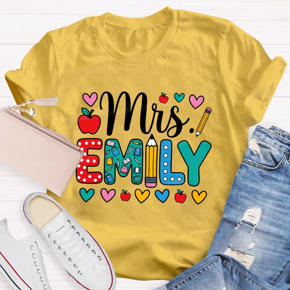 Personalized Name Miss Emily Apple Heart Printed Back To School Teacher T-Shirt