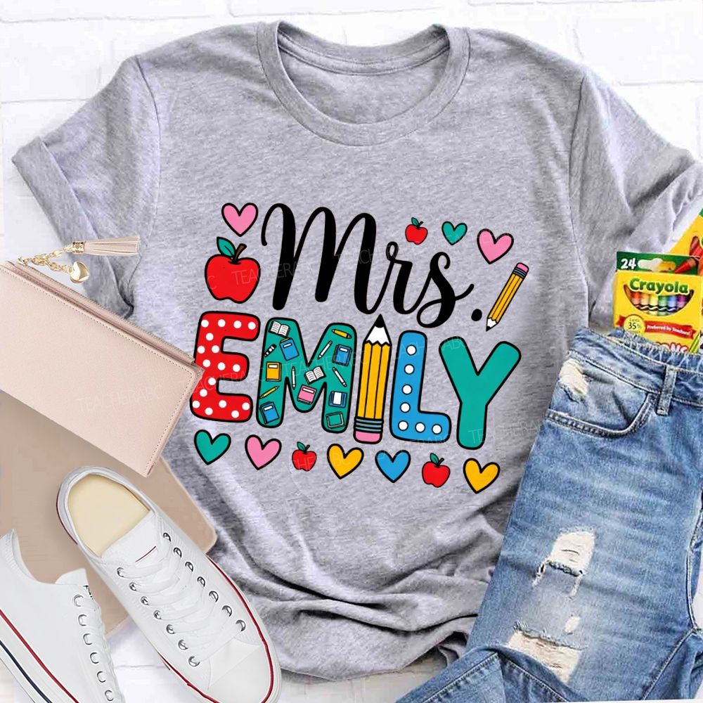 Personalized Name Miss Emily Apple Heart Printed Back To School Teacher T-Shirt