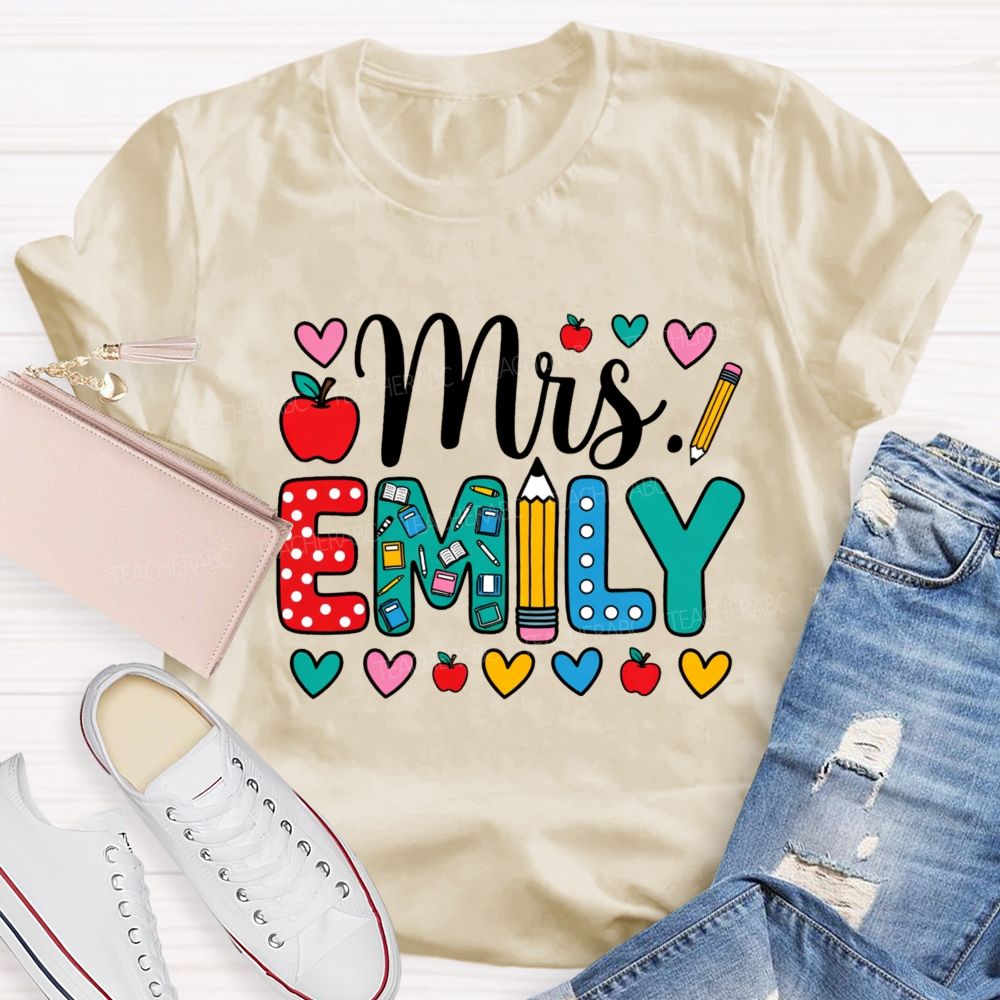 Personalized Name Miss Emily Apple Heart Printed Back To School Teacher T-Shirt
