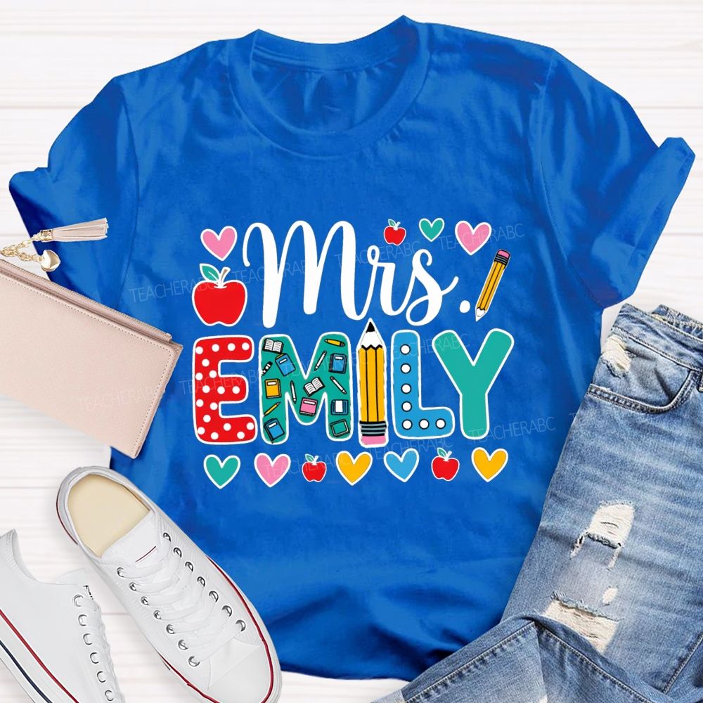 Personalized Name Miss Emily Apple Heart Printed Back To School Teacher T-Shirt