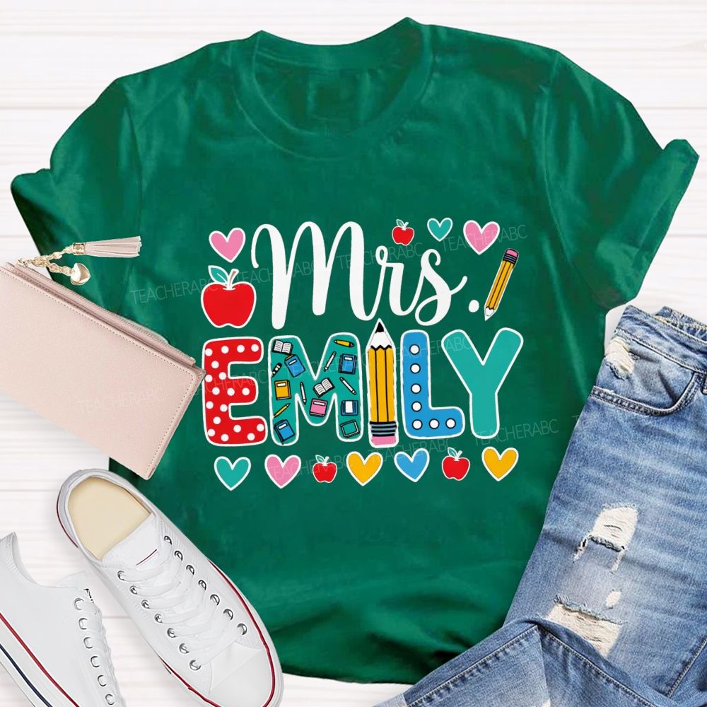 Personalized Name Miss Emily Apple Heart Printed Back To School Teacher T-Shirt