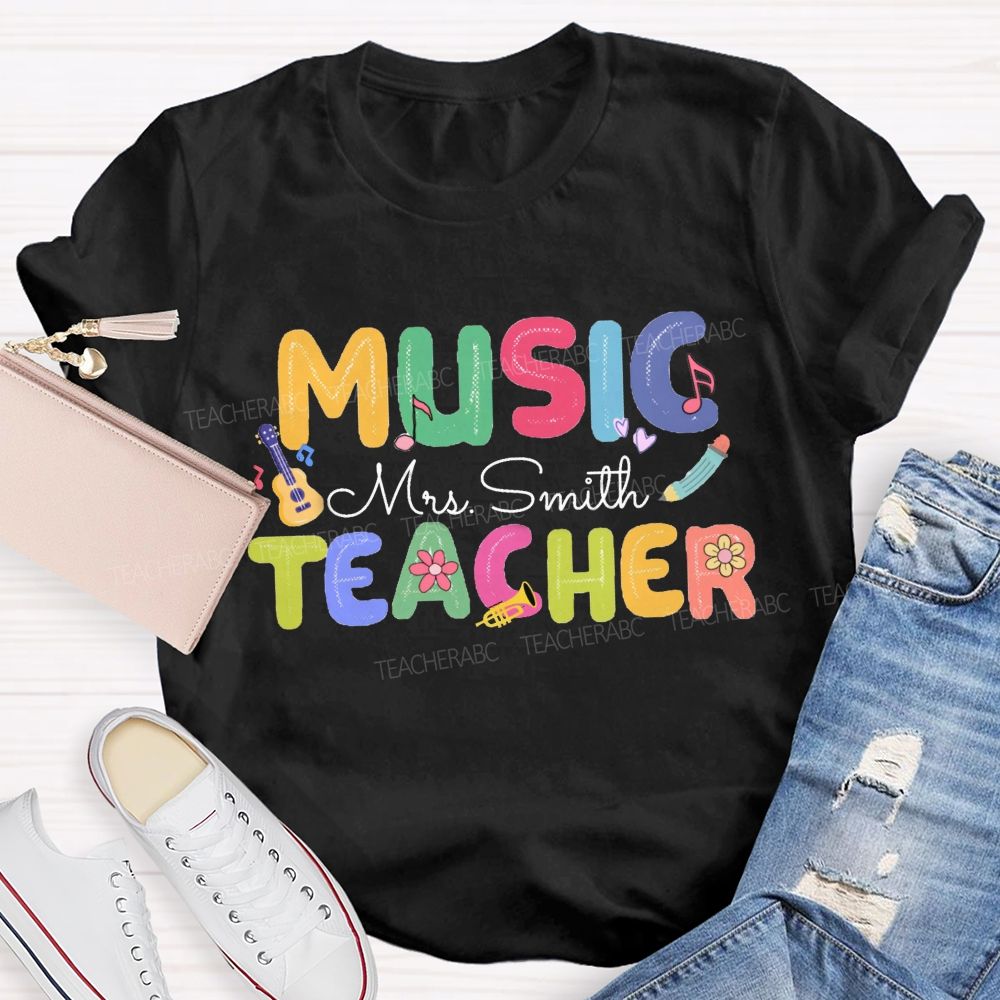 Personalized Music Teacher Name Guitar And Musical Notes T-shirt