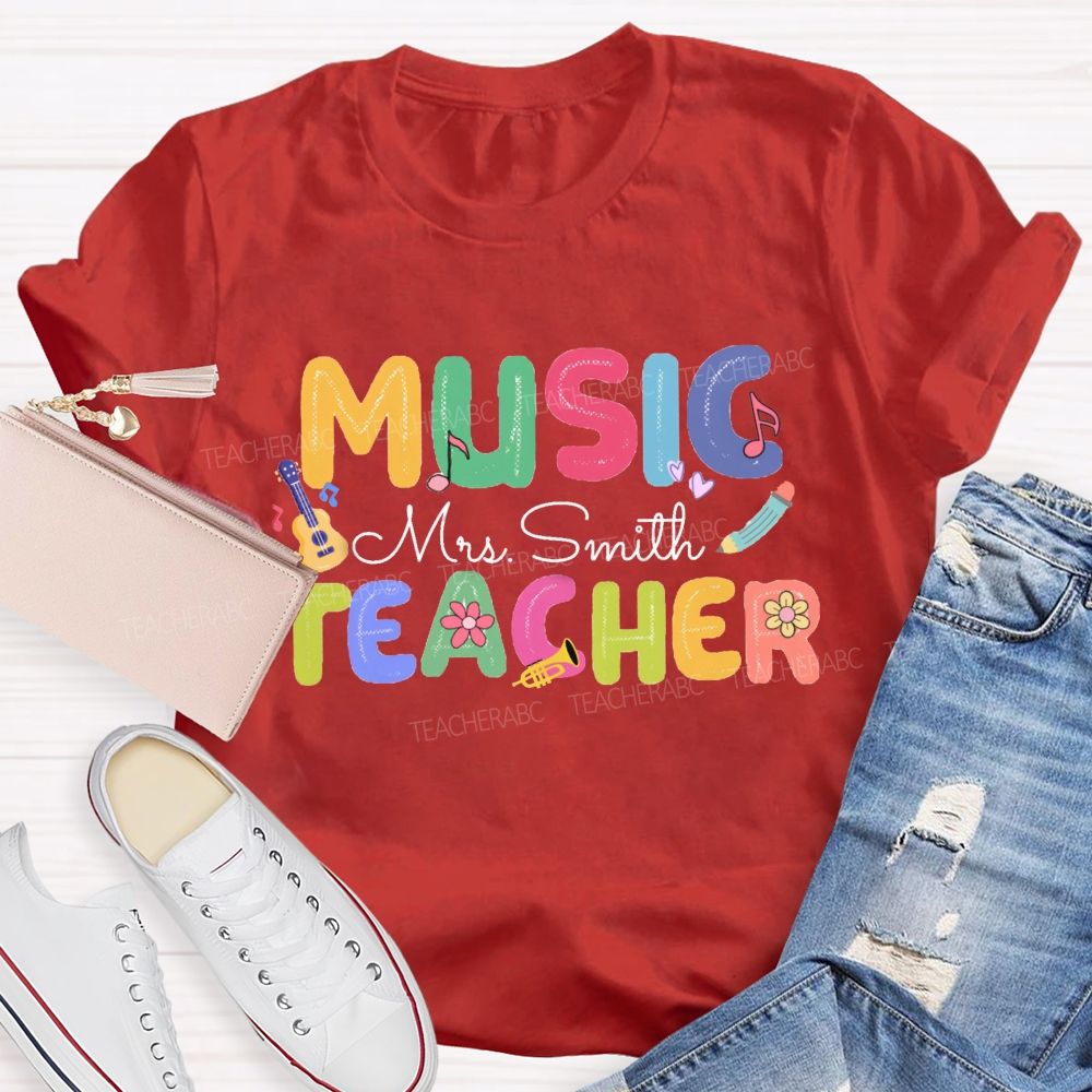 Personalized Music Teacher Name Guitar And Musical Notes T-shirt