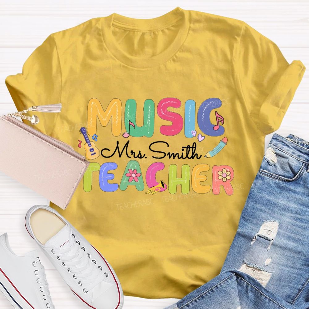 Personalized Music Teacher Name Guitar And Musical Notes T-shirt
