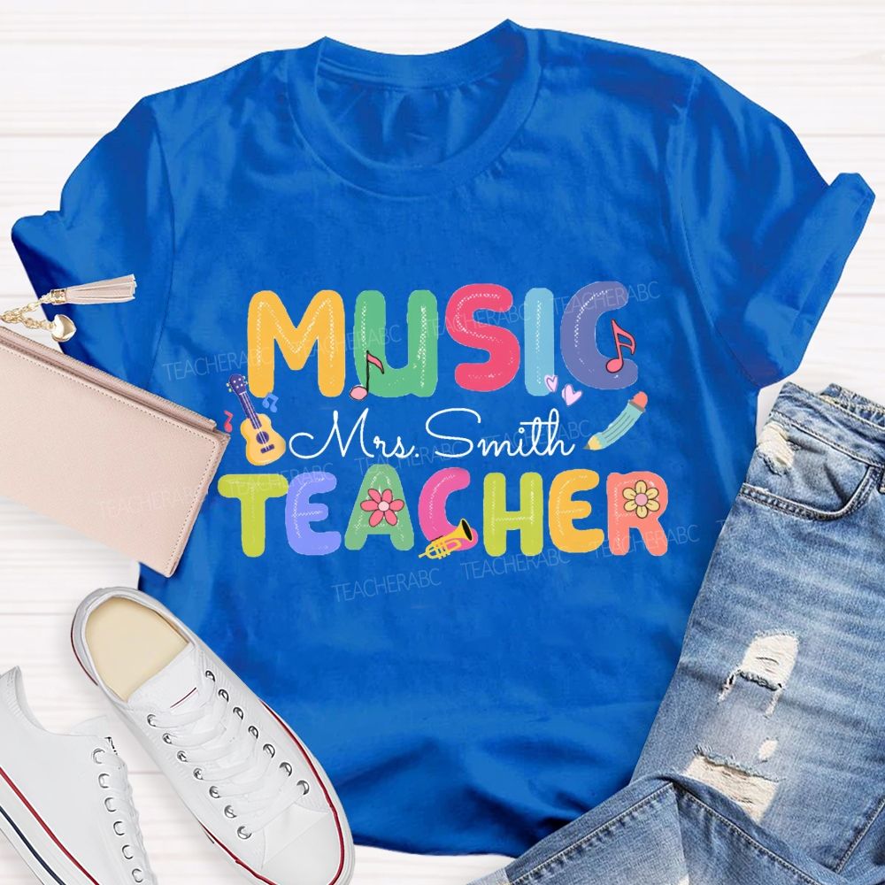 Personalized Music Teacher Name Guitar And Musical Notes T-shirt