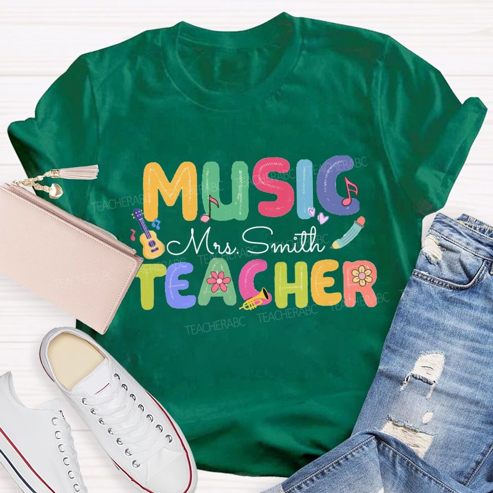 Personalized Music Teacher Name Guitar And Musical Notes T-shirt