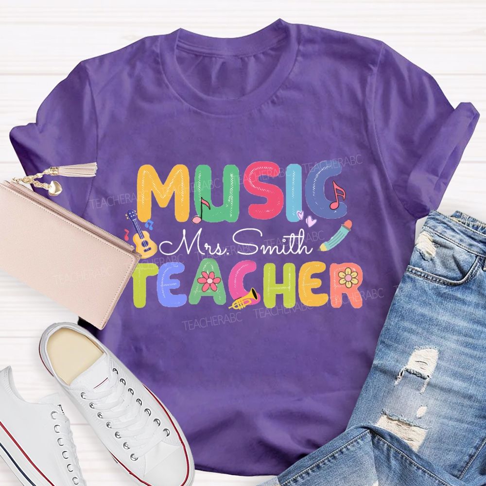Personalized Music Teacher Name Guitar And Musical Notes T-shirt