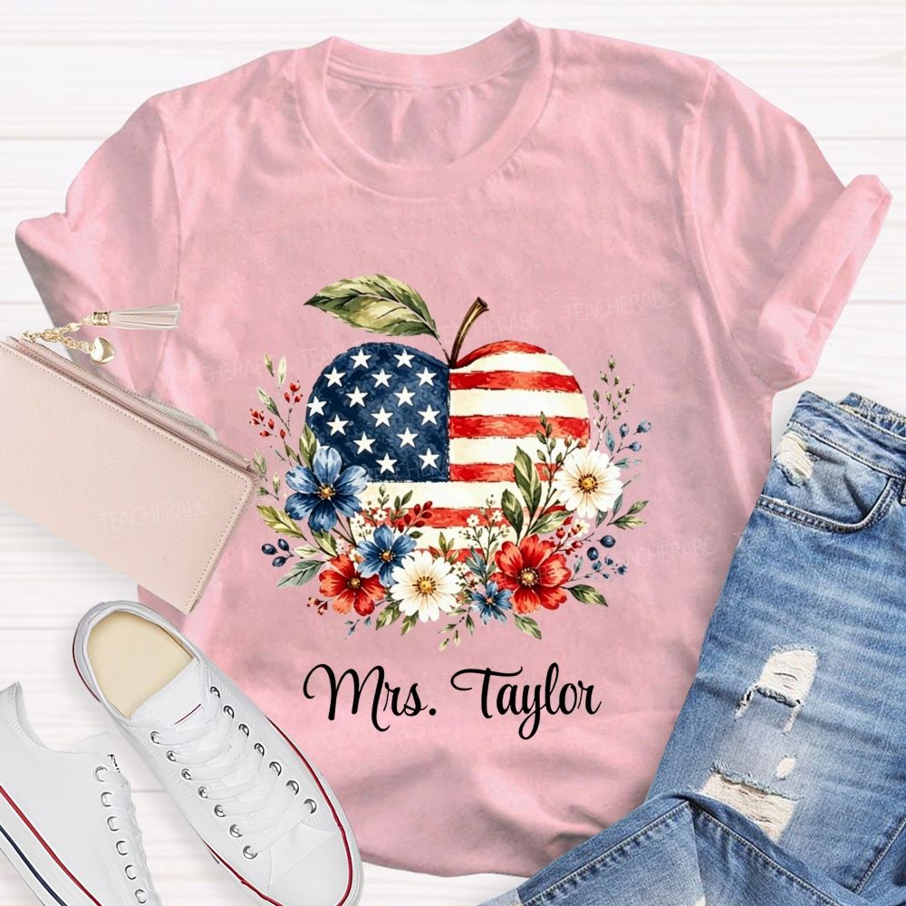 Personalized Name Red White And Teach Proud Apple Teacher T-shirt