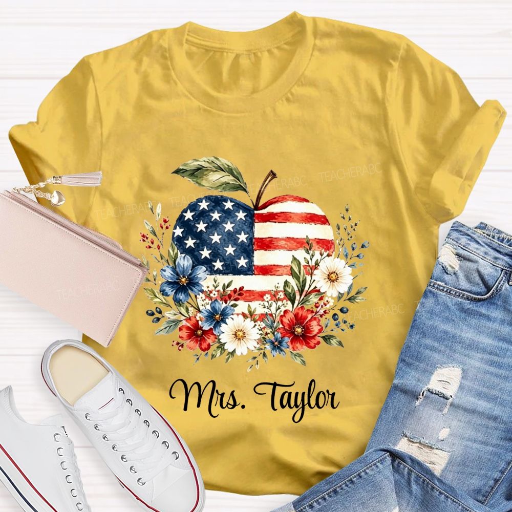 Personalized Name Red White And Teach Proud Apple Teacher T-shirt