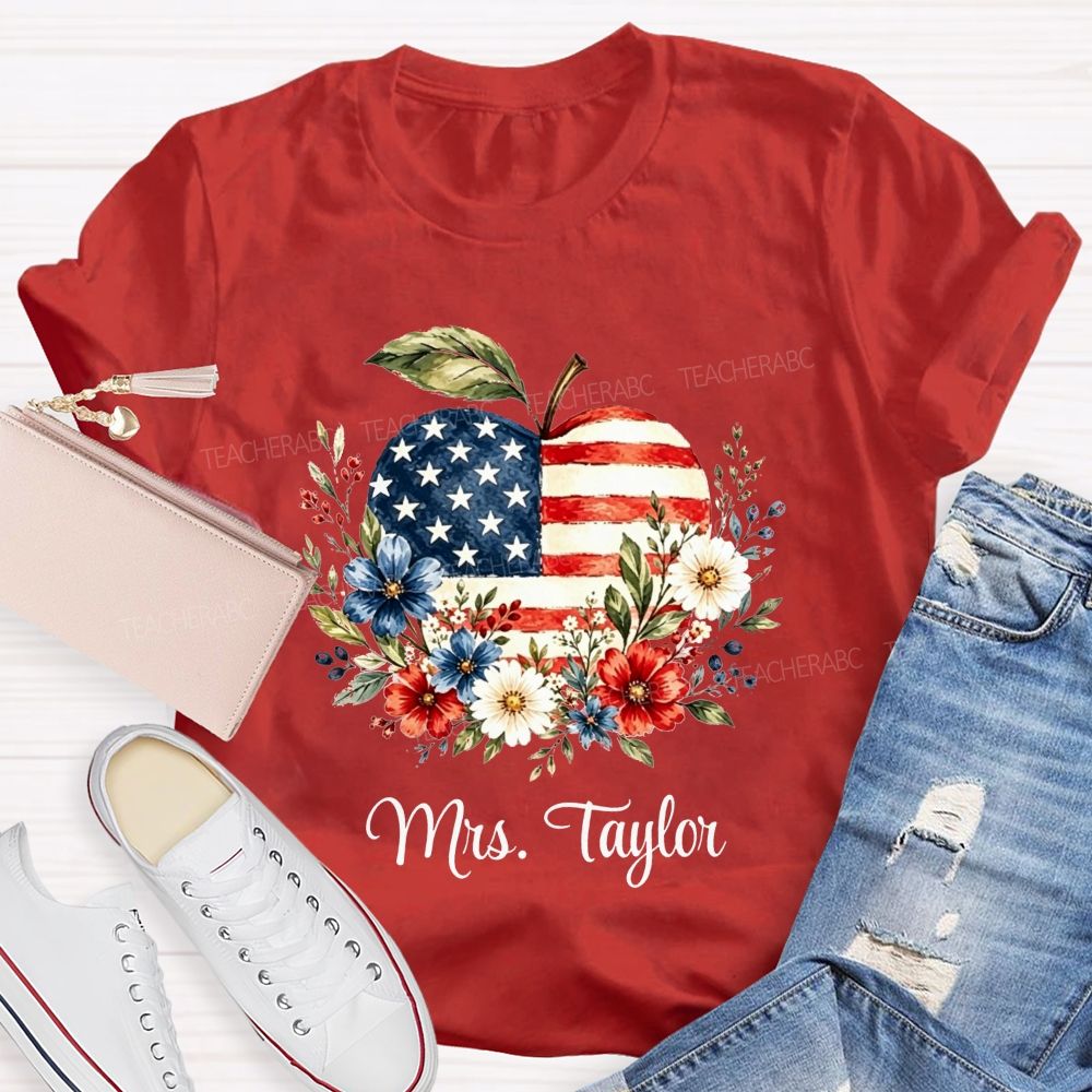 Personalized Name Red White And Teach Proud Apple Teacher T-shirt