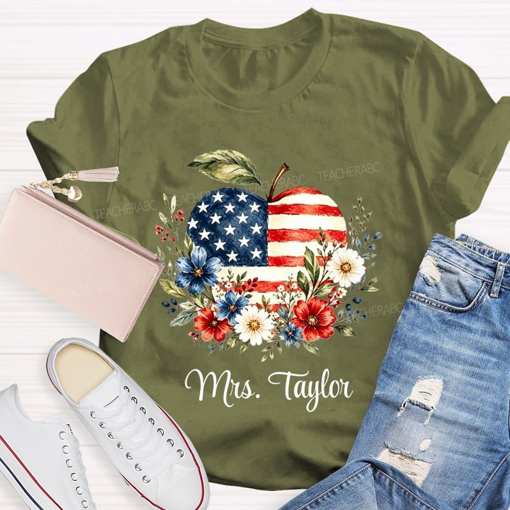 Personalized Name Red White And Teach Proud Apple Teacher T-shirt