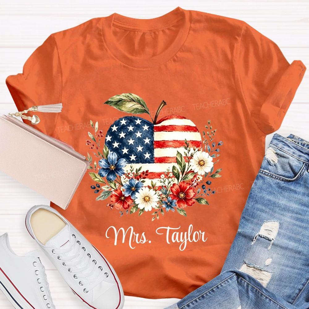 Personalized Name Red White And Teach Proud Apple Teacher T-shirt