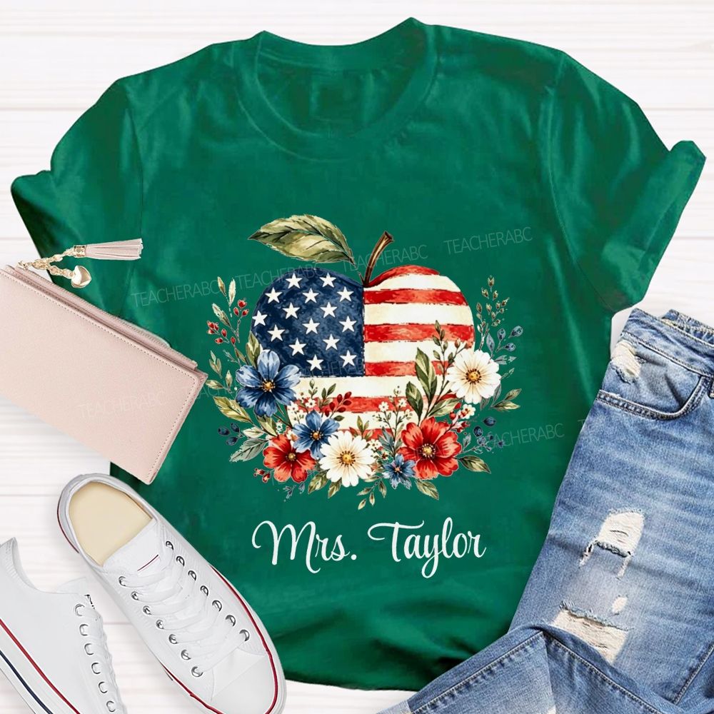 Personalized Name Red White And Teach Proud Apple Teacher T-shirt