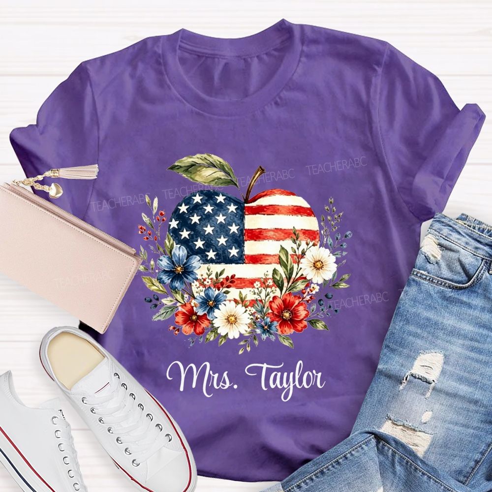 Personalized Name Red White And Teach Proud Apple Teacher T-shirt