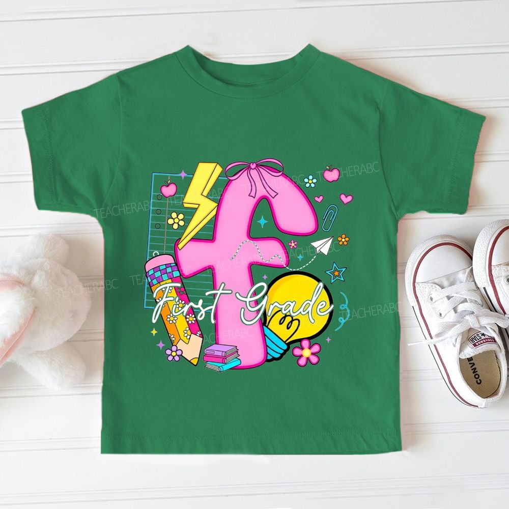 Personalized Grade First Grade Here I Glow Toddler T-shirts