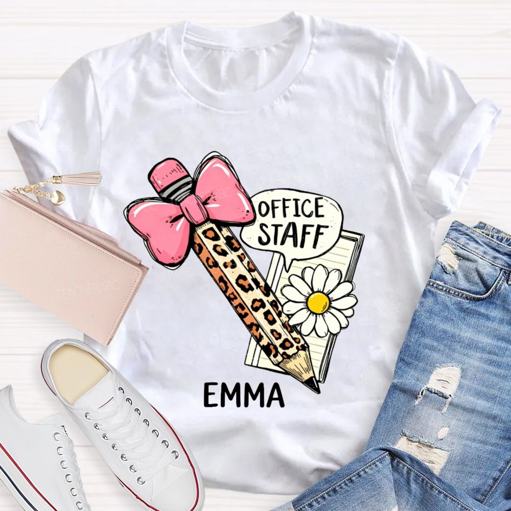 Personalized Name Office Staff Pencil Bow Teacher T-shirt