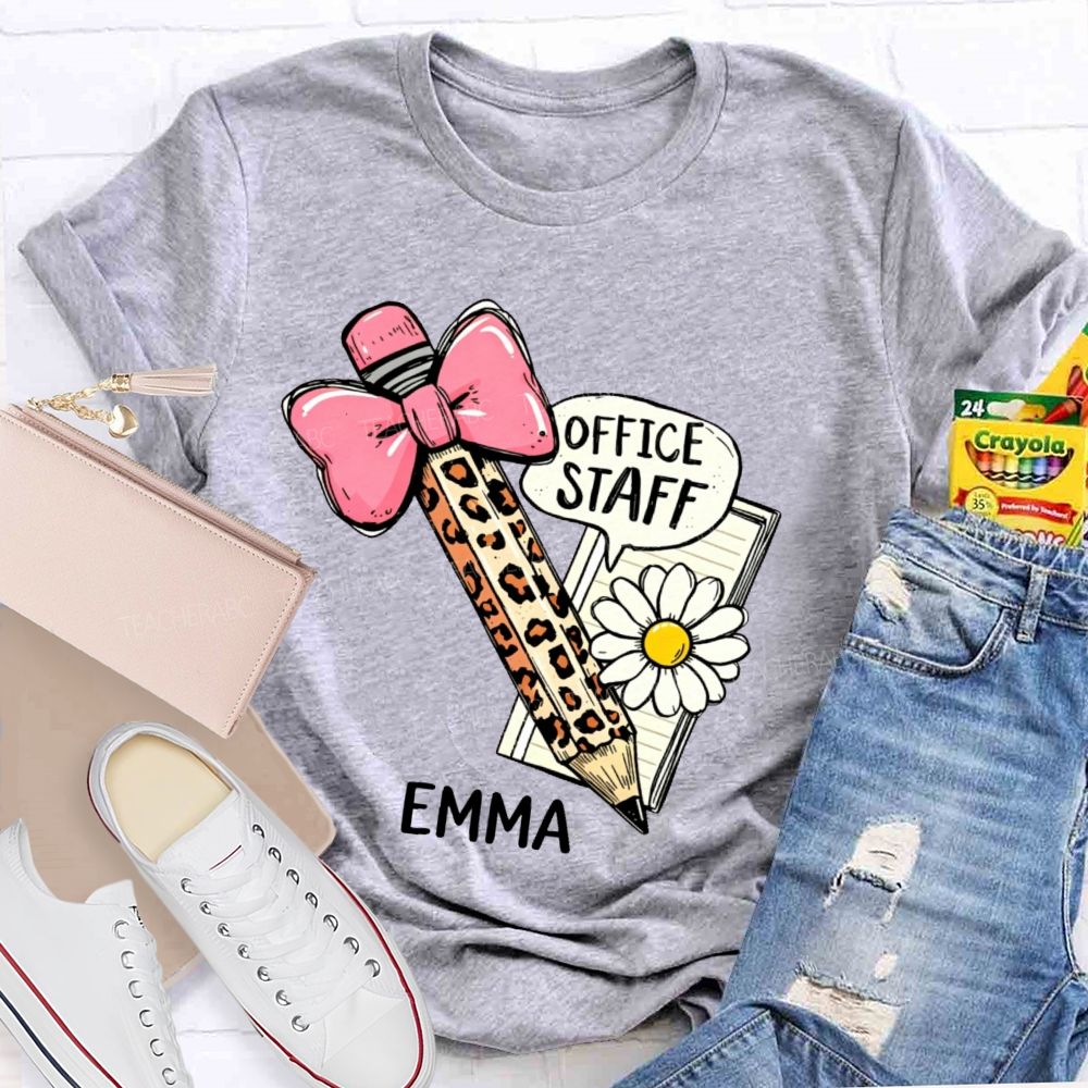 Personalized Name Office Staff Pencil Bow Teacher T-shirt