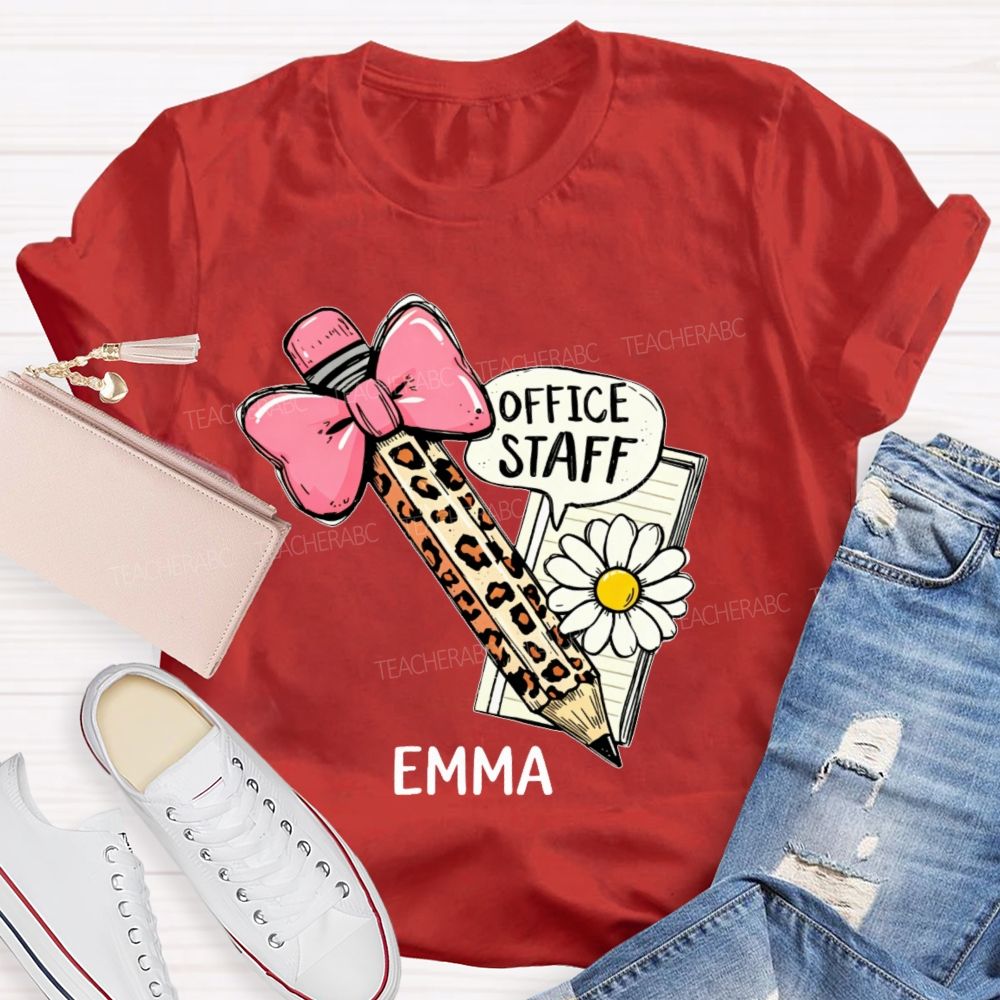 Personalized Name Office Staff Pencil Bow Teacher T-shirt