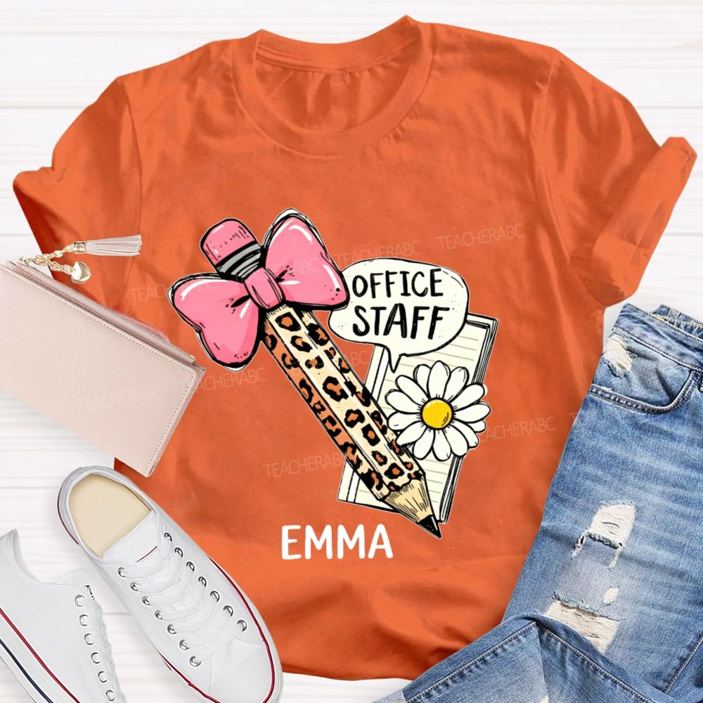 Personalized Name Office Staff Pencil Bow Teacher T-shirt