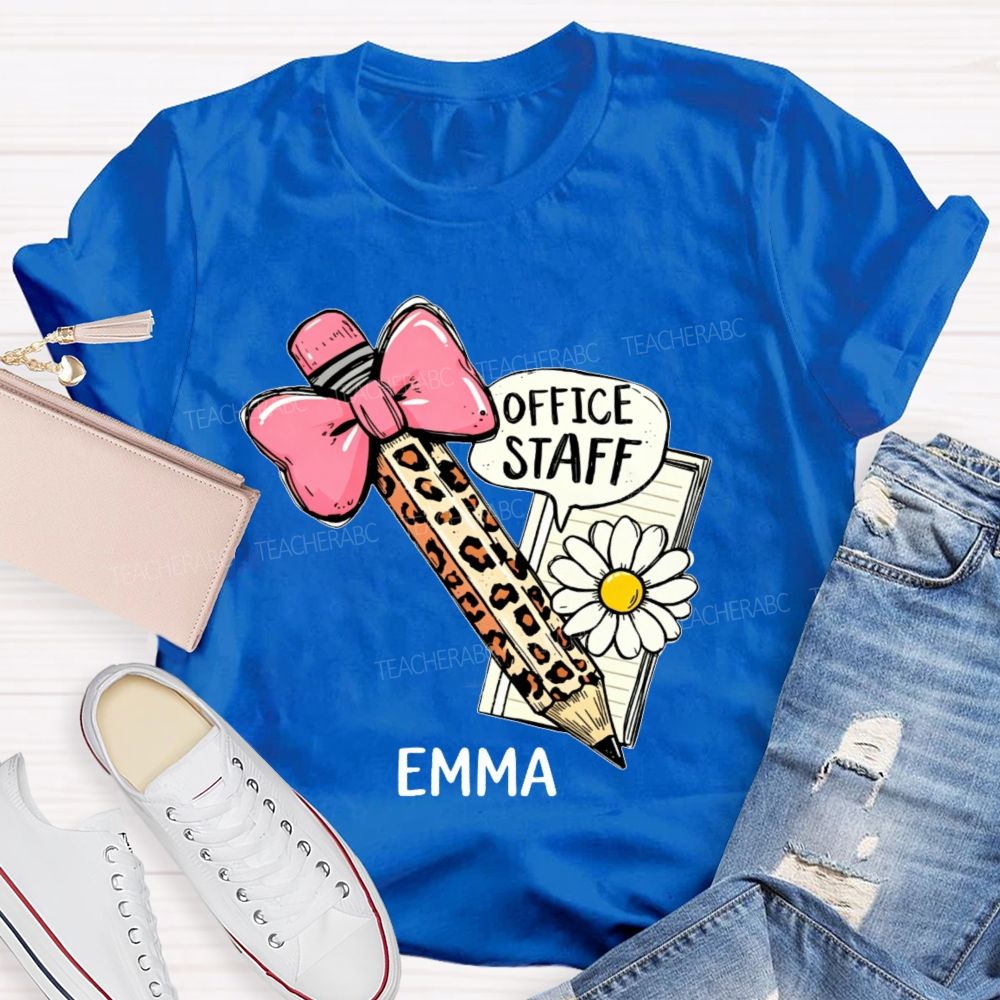 Personalized Name Office Staff Pencil Bow Teacher T-shirt