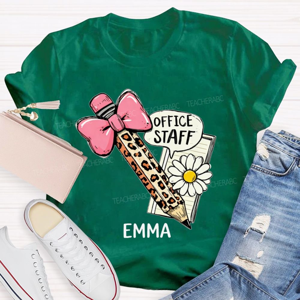 Personalized Name Office Staff Pencil Bow Teacher T-shirt
