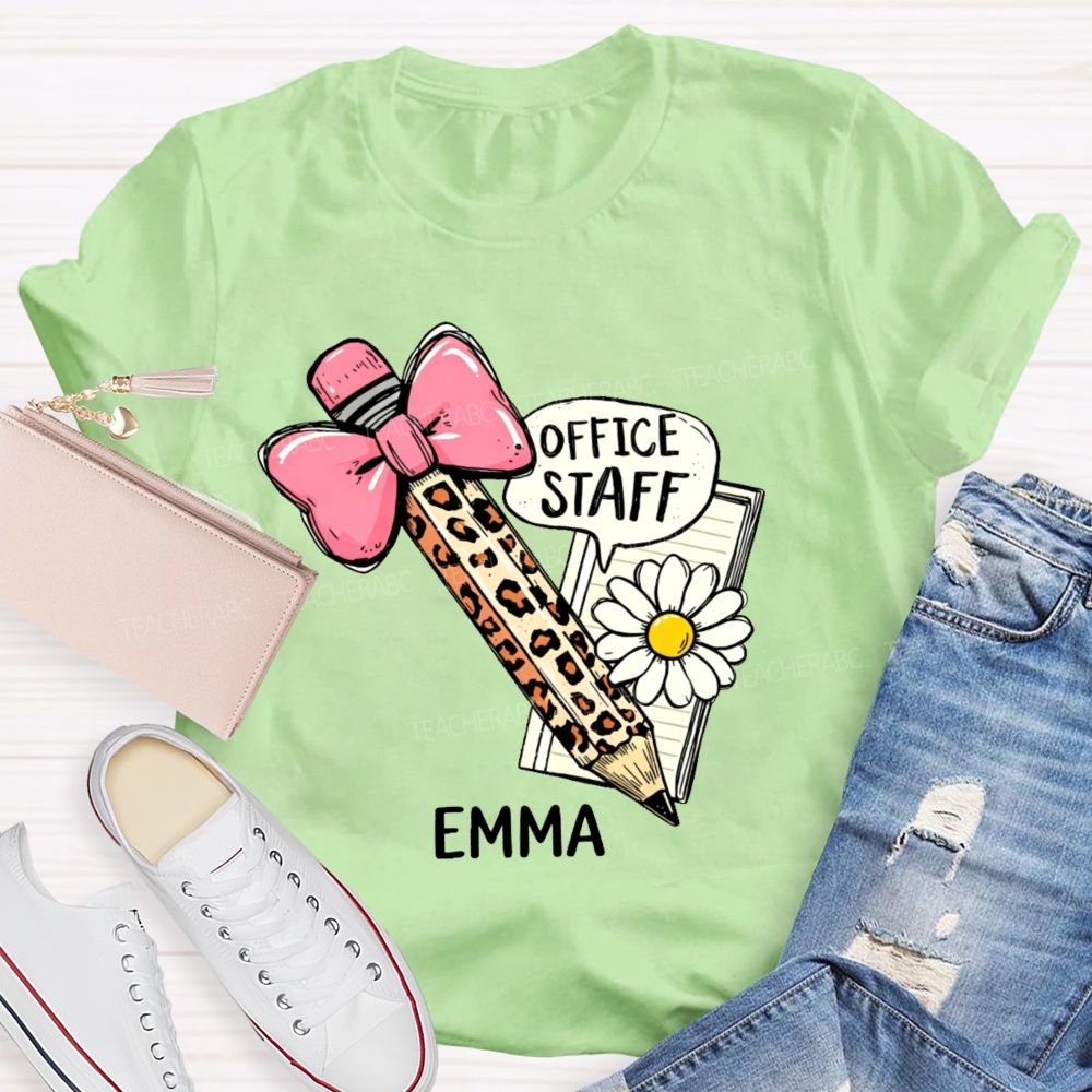 Personalized Name Office Staff Pencil Bow Teacher T-shirt
