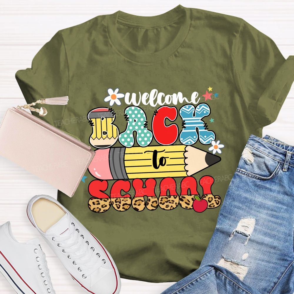 Welcome Back To School Pencil Apple Leopard Printed Teacher T-Shirt