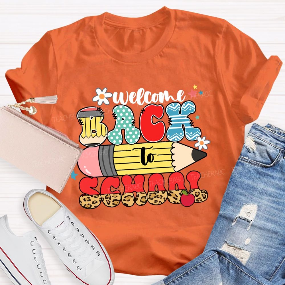 Welcome Back To School Pencil Apple Leopard Printed Teacher T-Shirt