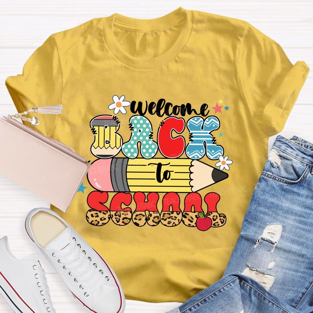 Welcome Back To School Pencil Apple Leopard Printed Teacher T-Shirt