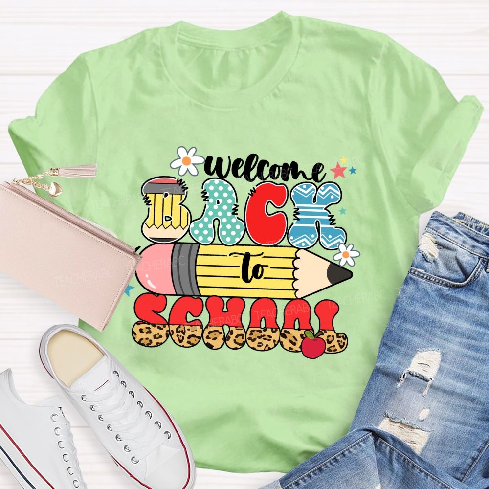 Welcome Back To School Pencil Apple Leopard Printed Teacher T-Shirt